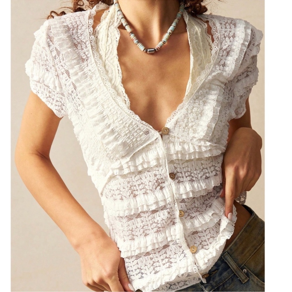 Boho Lace Semi Sheer Button Down Short Sleeve Top XXS XS S M L XL
